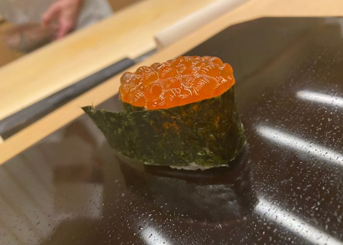 Gunkan sushi served at Ginza Harutaka, the Michelin star sushi restaurant in Tokyo.